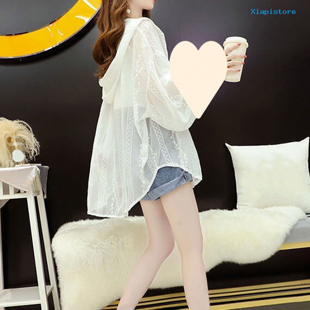 Áo Khoác Chống Nắng / Tia UV Vải Lụa Lạnh Mỏng Tay Dài Có Mũ Trùm Thêu Họa Tiết Thời Trang Mùa Hè Cho Nữ