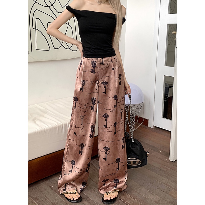 Quần Dài Vải Satin Ống Rộng Lưng Cao In Họa Tiết Vintage Thời Trang Mùa Hè Cho Nữ