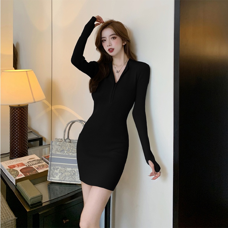 Aphrod Đầm Dệt Kim Tay Dài Dáng Ôm Cổ Cao Có Khóa Kéo Phong Cách Quyến Rũ Nóng Bỏng Cho Nữ