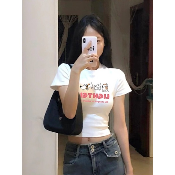 Áo Baby Tee Thun Croptop Nữ Ngắn Tay Lệch Vai Ôm Dáng Phong Cách Mùa Hè Mới