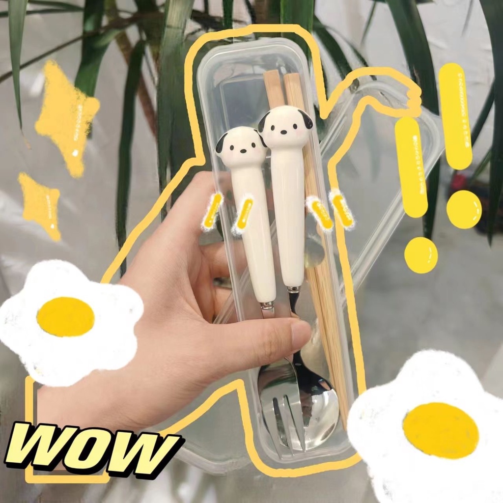 Sanrio Bộ Muỗng Nĩa Đũa Bằng Thép Không Gỉ Họa Tiết Hoạt Hình Dễ Thương