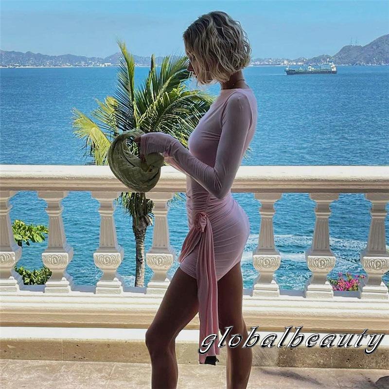 Đầm Body Tay Dài Cổ Thuyền Họa Tiết Hoa 3D Màu Sắc Trơn Quyến Rũ Cho Nữ