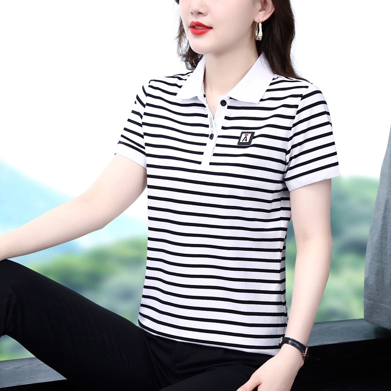 Áo Thun polo Cotton Ngắn Tay Họa Tiết Kẻ Sọc Trắng Đen Thời Trang Mùa Hè Cho Nữ  75841479#