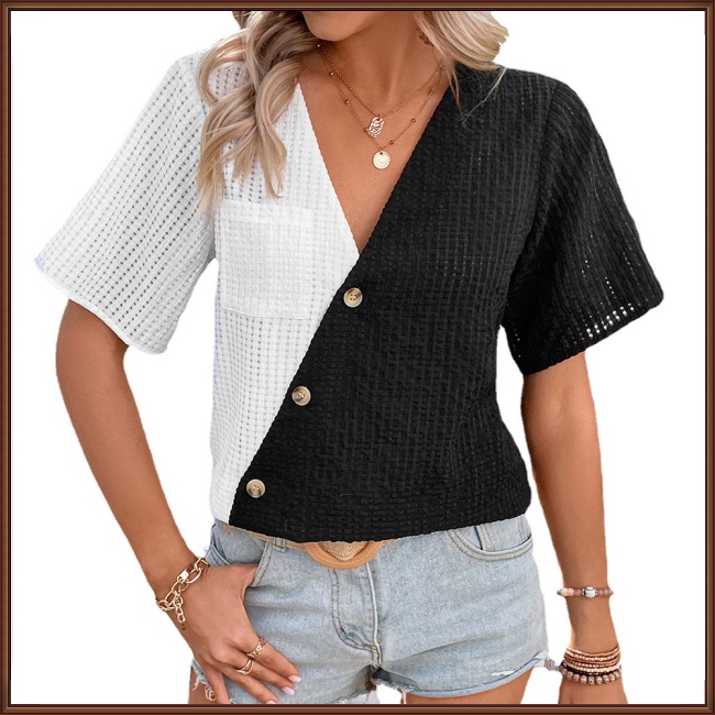 Áo Dệt Kim Tay Ngắn Cổ Chữ V Màu Sắc Tương Phản Thời Trang Cho Nữ