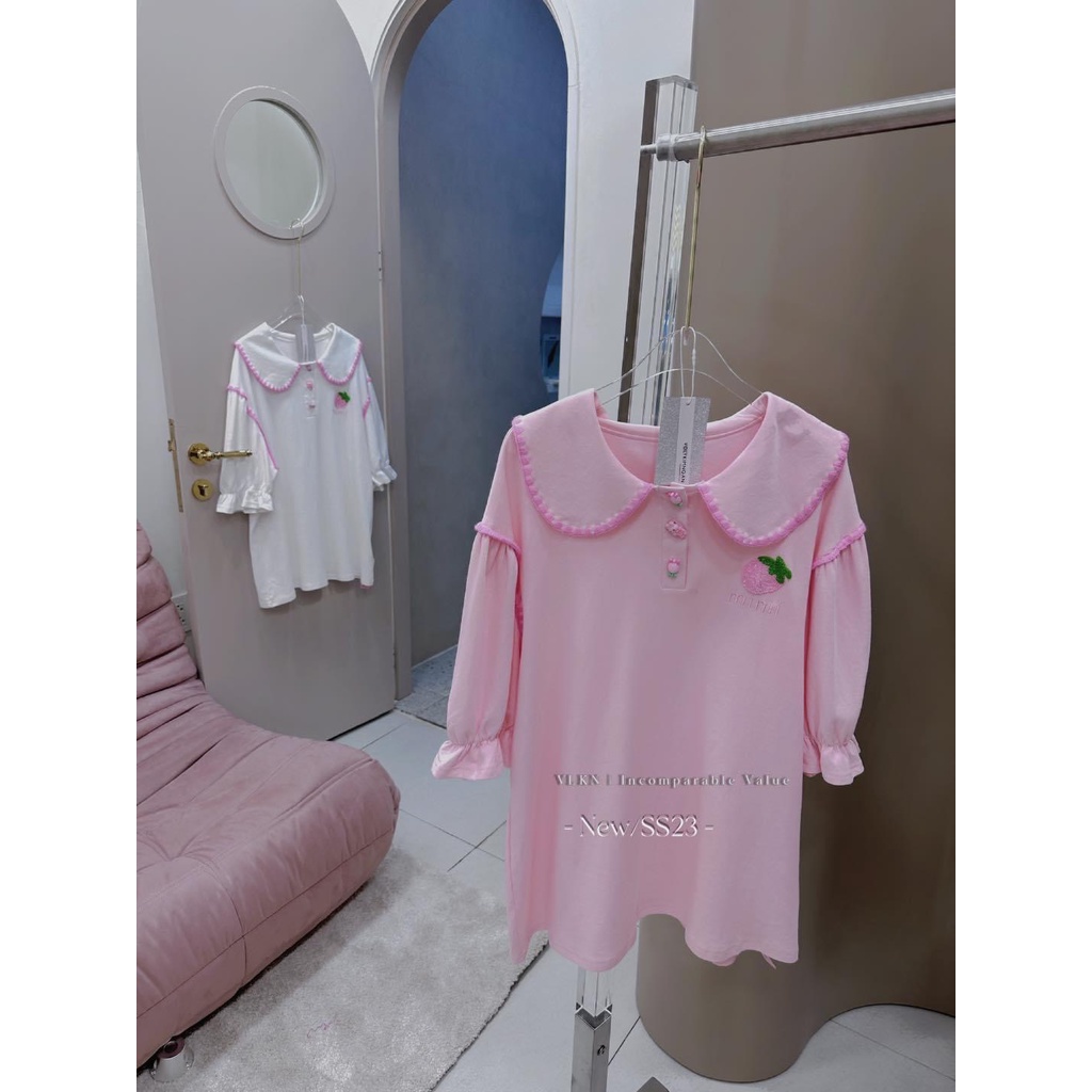 Đầm trái dâu mimi cổ sen viền