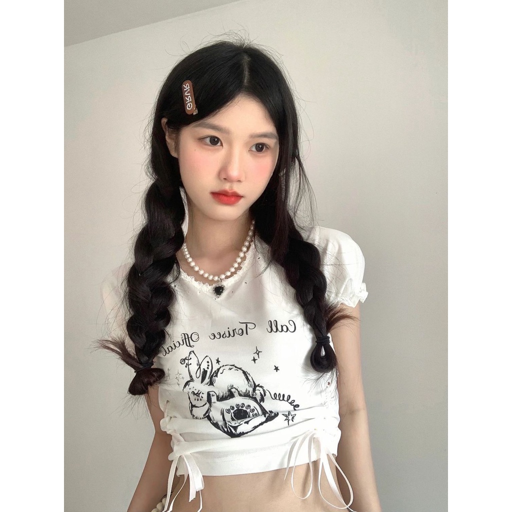 Áo Thun Crop Top Tay Ngắn Cổ Tròn In Hình Thỏ Phối Ruy Băng Phong Cách Nhật Bản Thời Trang Mùa Hè Cho Nữ