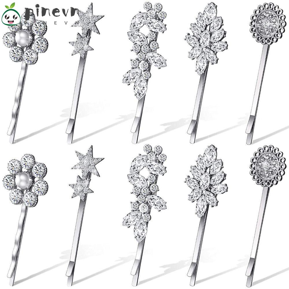 PINEVN Set 5 Kẹp Tóc Kim Loại Hình Hoa Lá Đính Đá Xinh Xắn Cho Nữ