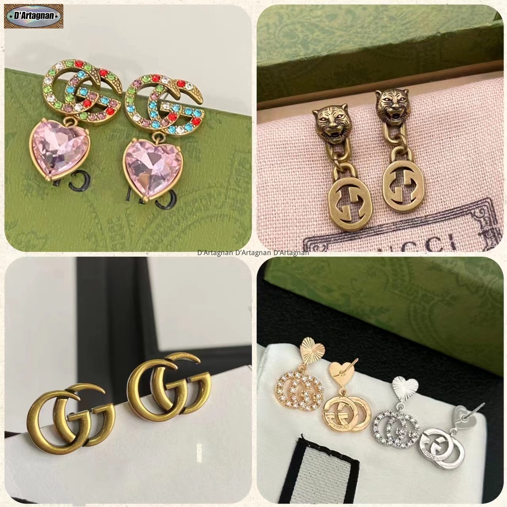Boutique Spot GG diamond interlocking logo earrings with antique tone metal heart shaped lion pendant, brass plated with steel print, high-quality Korean 2023 new model, elegant retro fashion, color retention 925 silver needle women's earrings A1721/A1722