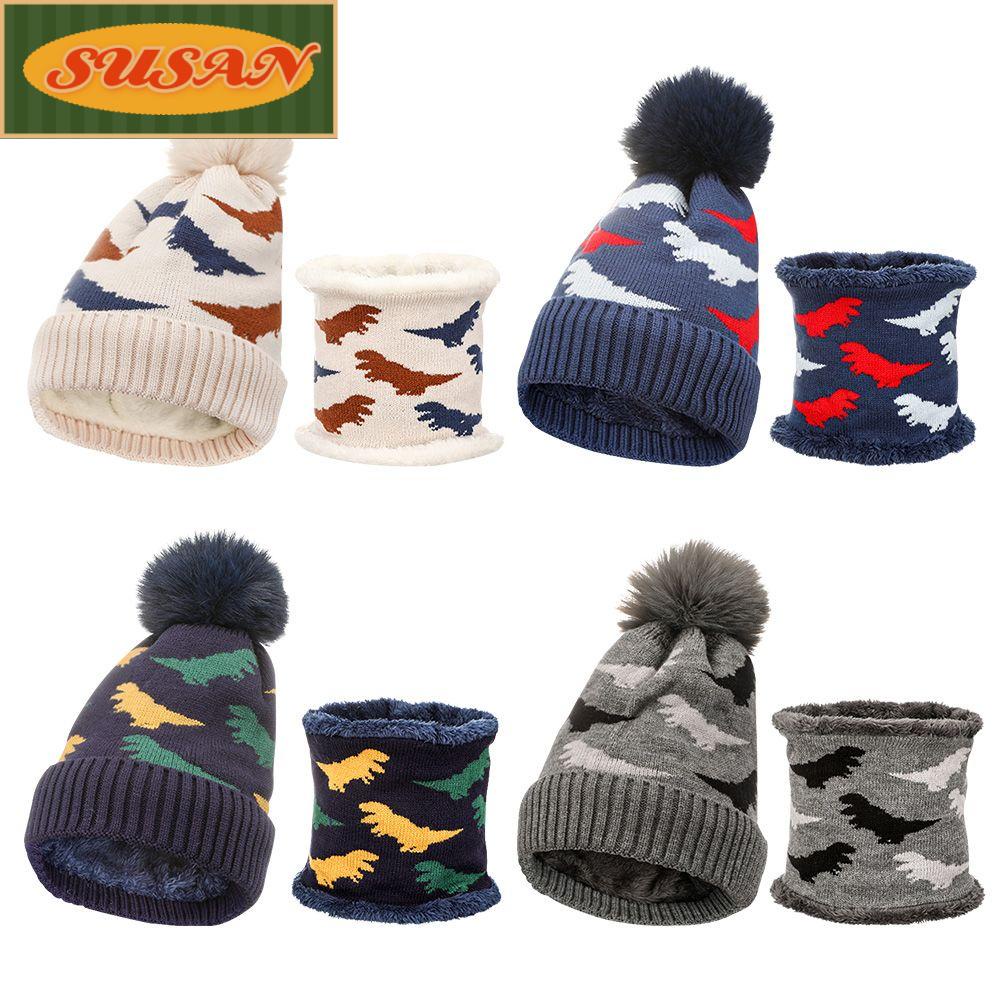 SUSANS Set Mũ + Khăn Choàng Cổ Dày Dặn Ấm Áp In Hình Khủng Long Thời