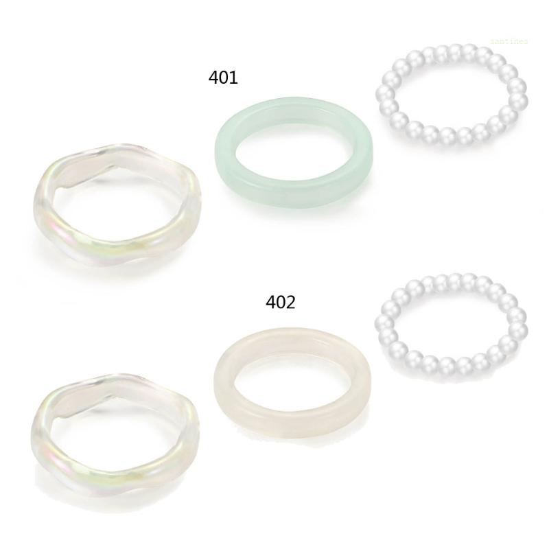 Bộ 3 Nhẫn Đính Ngọc Trai Bằng Nhựa Resin Thời Trang