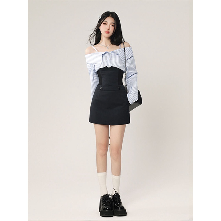 Set Áo Sơ Mi Kẻ Sọc Xanh Dương + Chân Váy Điều Chỉnh Màu Sáng Phong Cách Thường Ngày Mới Cho Nữ