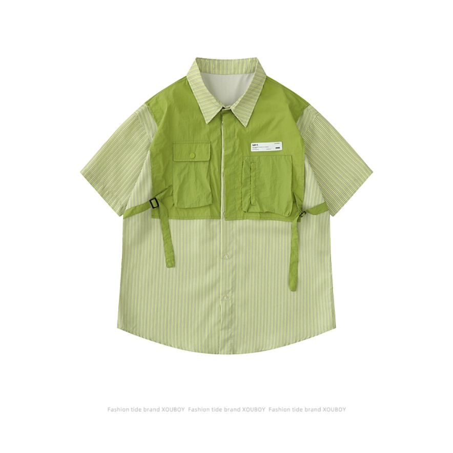 Áo Sơ Mi Giả Hai Lớp Tay Ngắn Kẻ Sọc Màu Sắc Tương Phản Phong Cách Retro Dành Cho Nam Giới