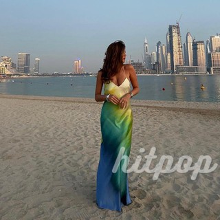 Hitpop-nữ Mùa Hè Cami Dài Màu Gradient Spaghetti Dây Đeo Cổ Chữ V Backless Đi Biển Đảng Đầm