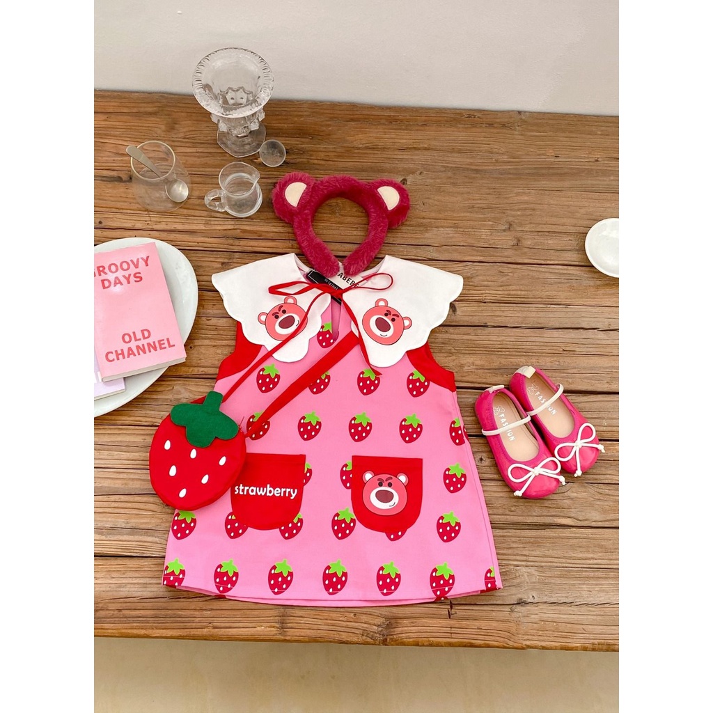 Đầm Sát Nách Cổ Bẻ In Họa Tiết Dâu Tây Hoạt Hình Dễ Thương Thời Trang Mùa Hè Cho Bé Gái