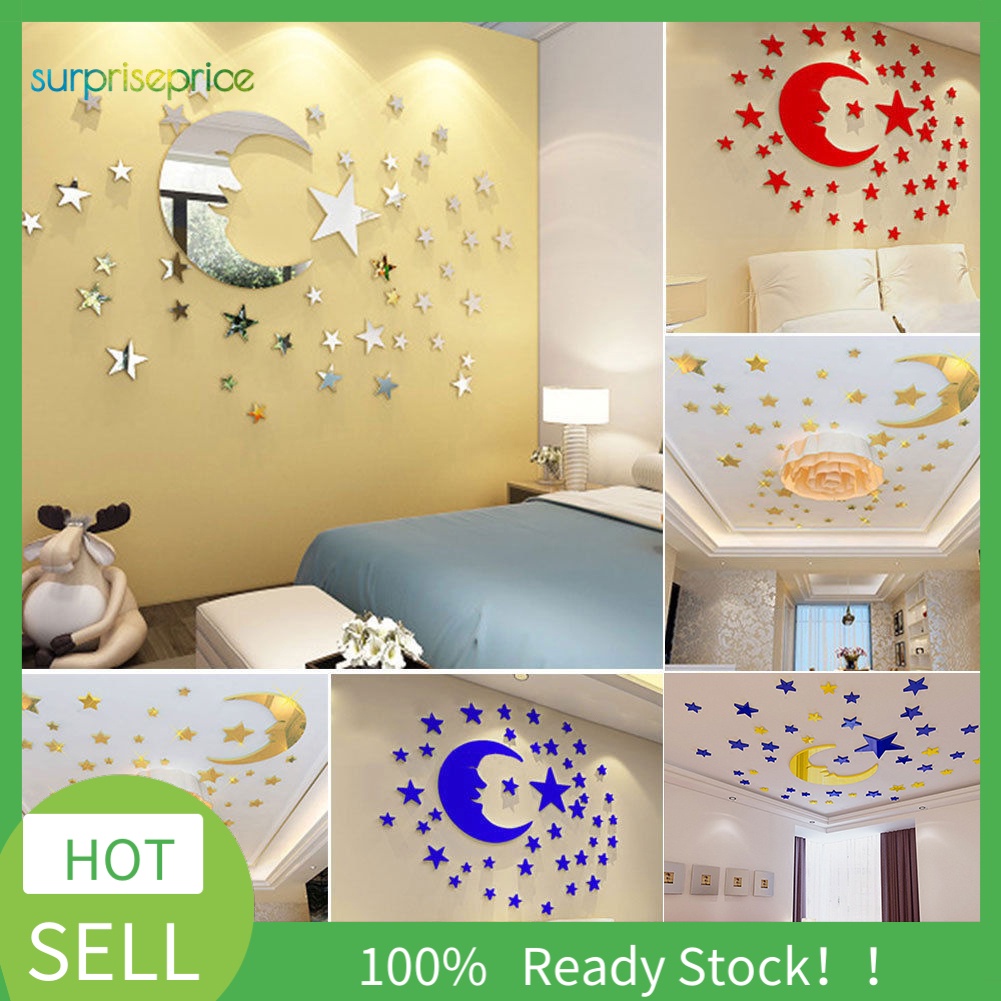 Set 38 Miếng Dán Tường Tráng Gương Acrylic Hình Mặt Trăng 3D Có Thể Tháo Gỡ