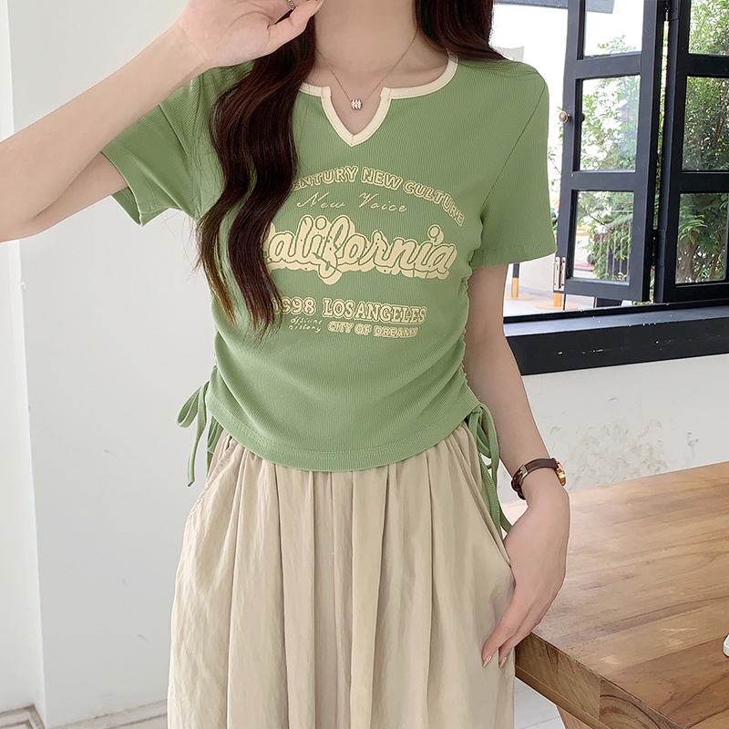 Áo Thun Tay Ngắn Cổ Chữ V In Họa Tiết monogram Tương Phản Thời Trang Hàn Quốc Cho Nữ