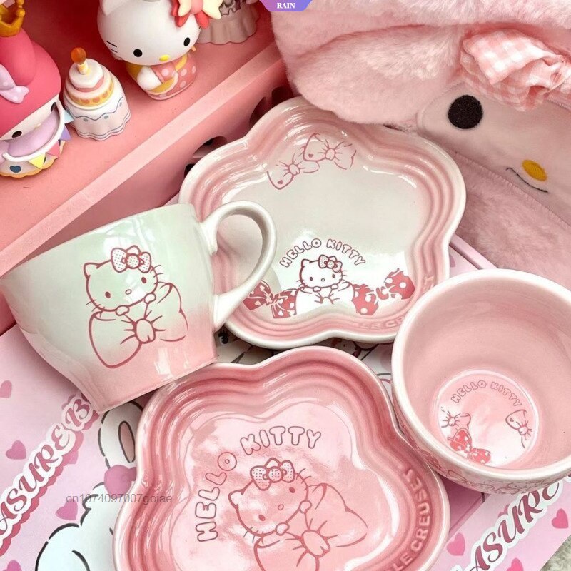 SANRIO 1 Bộ Chén Đĩa &amp; Cốc Sứ In Hình Hello Kitty Màu Hồng Gradient Dễ Thương