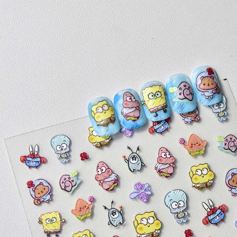 FALLFORBEAUTY Miếng Dán Trang Trí Móng Tay Họa Tiết Hoạt Hình SpongeBob Dễ Thương Cho Nữ