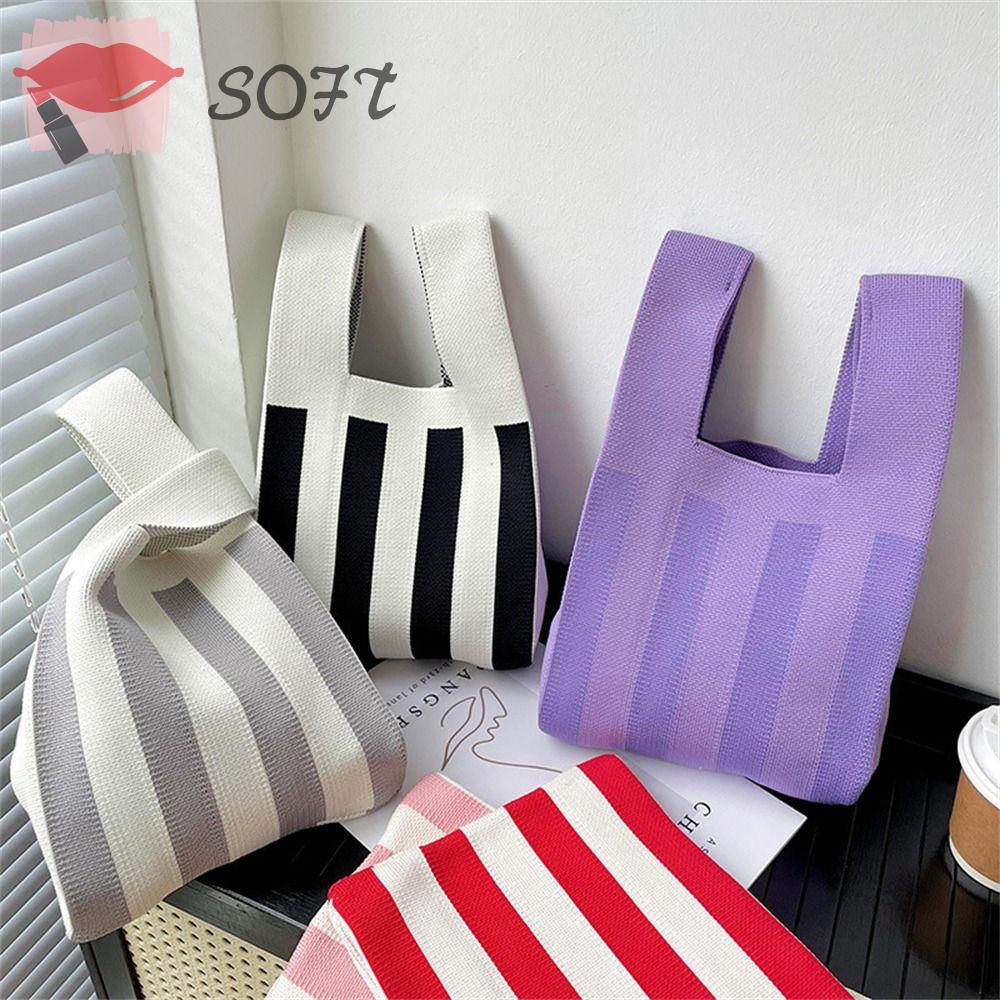 SOFTNESS Túi Xách Mini Đan Len Thủ Công Thắt Nút Họa Tiết Kẻ Sọc Thời Trang Cho Nữ