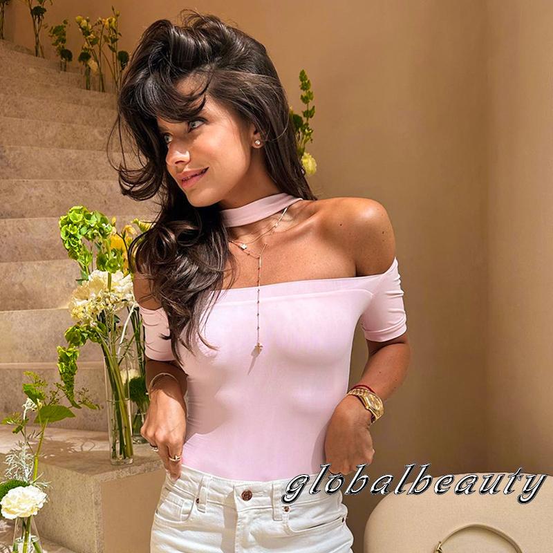 Bộ Áo Liền Quần Tam Giác Tay Ngắn Hở Vai Màu Sắc Trơn Dành Cho Nữ