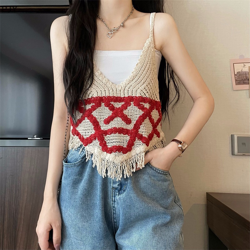 Áo Dệt Kim Không Tay Cổ Chữ V Phối Tua Rua Thời Trang Mùa Hè Vintage Dành Cho Nữ PJ