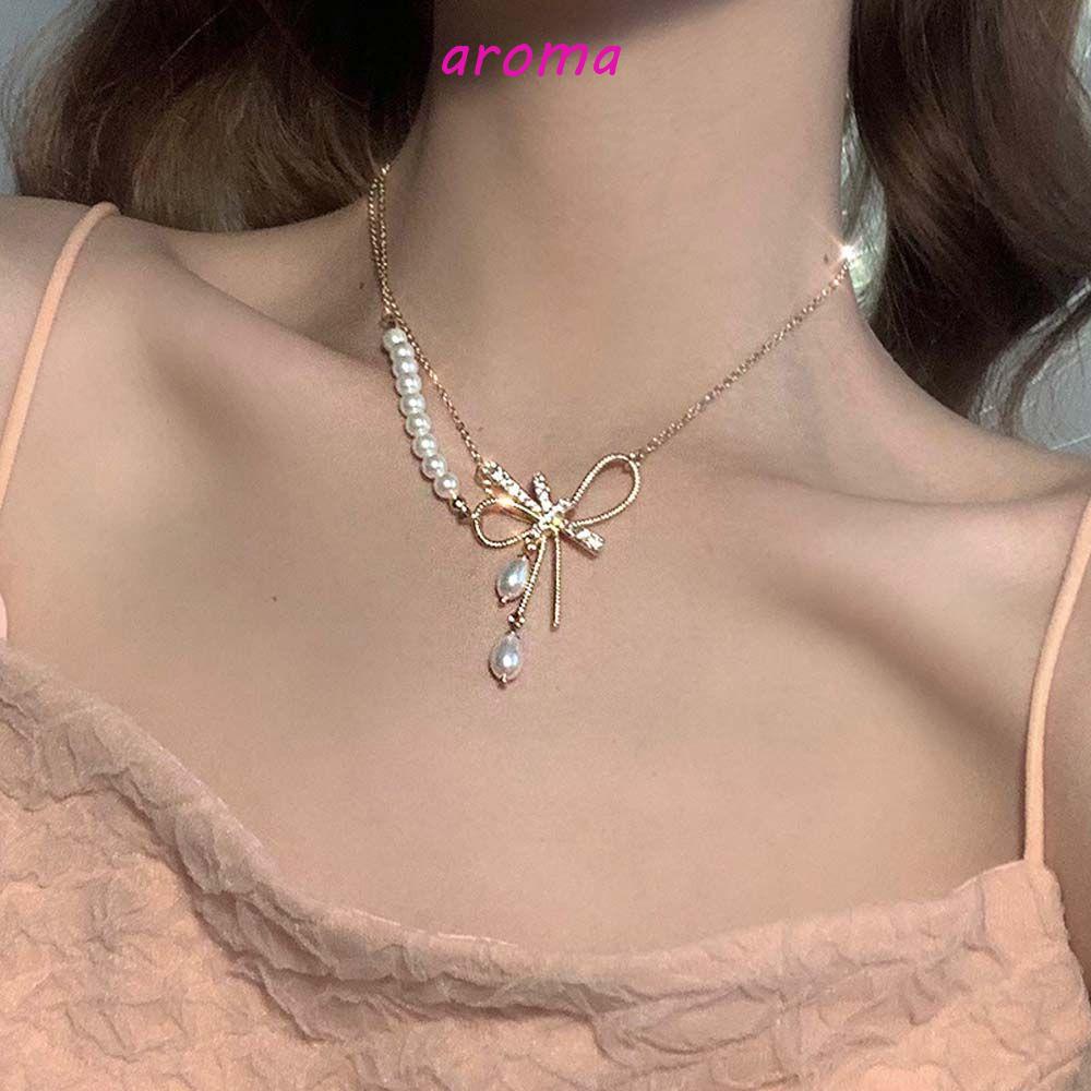 Vòng cổ Hai Lớp Đính Ngọc Trai Và Nơ Kim Loại Sang Trọng Cho Nữ