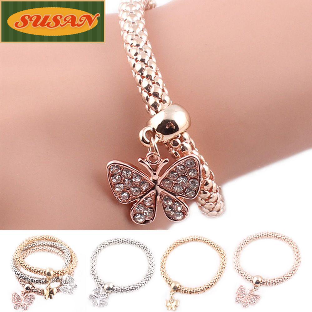 SUSANS Set 3 Vòng Tay Nhiều Lớp Mặt Hình Bướm / Trái Tim Thời Trang Cho Nữ