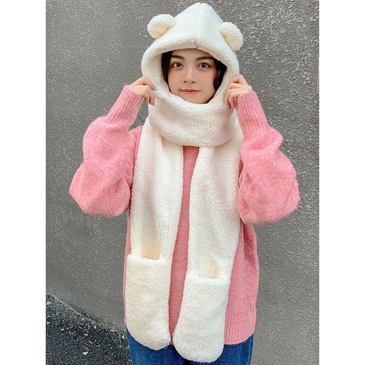 Ygt Mũ Beanie Màu Trơn Đính Tai Gấu Bông Dễ Thương Thời Trang Mùa Đông Cho Nữ