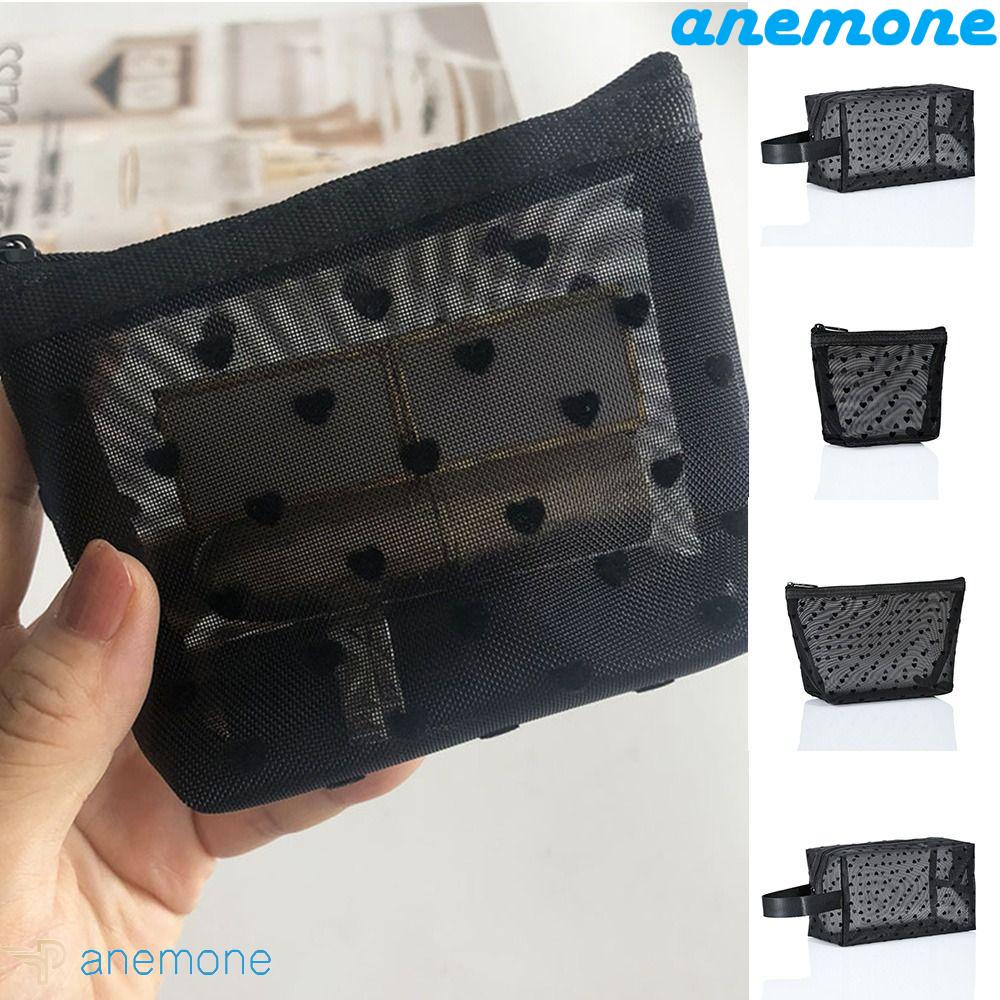 ANEMONE Túi Lưới Đựng Đồ Trang Điểm Sức Chứa Lớn Có Khóa Kéo Họa Tiết Trái Tim Thời Trang