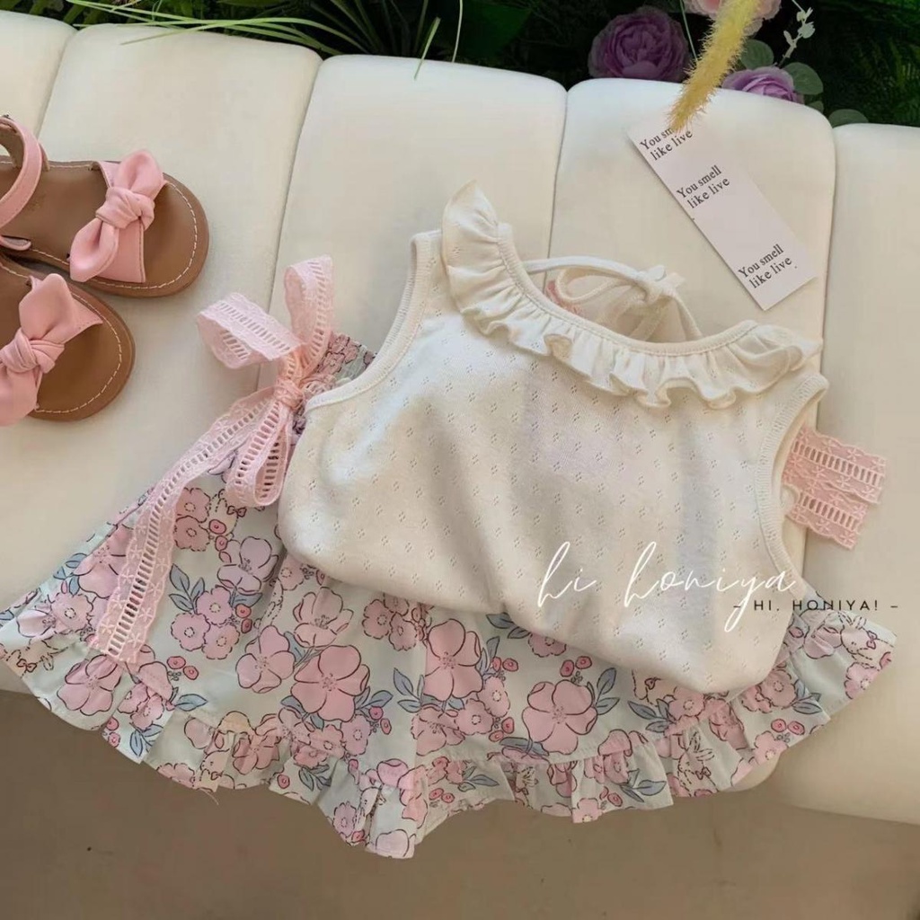 Set Áo Thun Không Tay + Chân Váy In Hoa Dễ Thương Cho Bé Gái