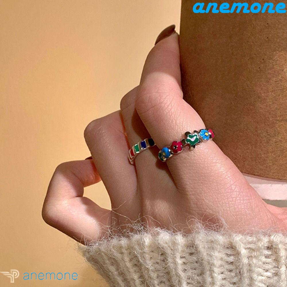 ANEMONE Nhẫn Hình Hoa Nhỏ Giọt Nước Họa Tiết Hình Học Phong Cách Hàn Quốc Cá Tính Cho Nữ