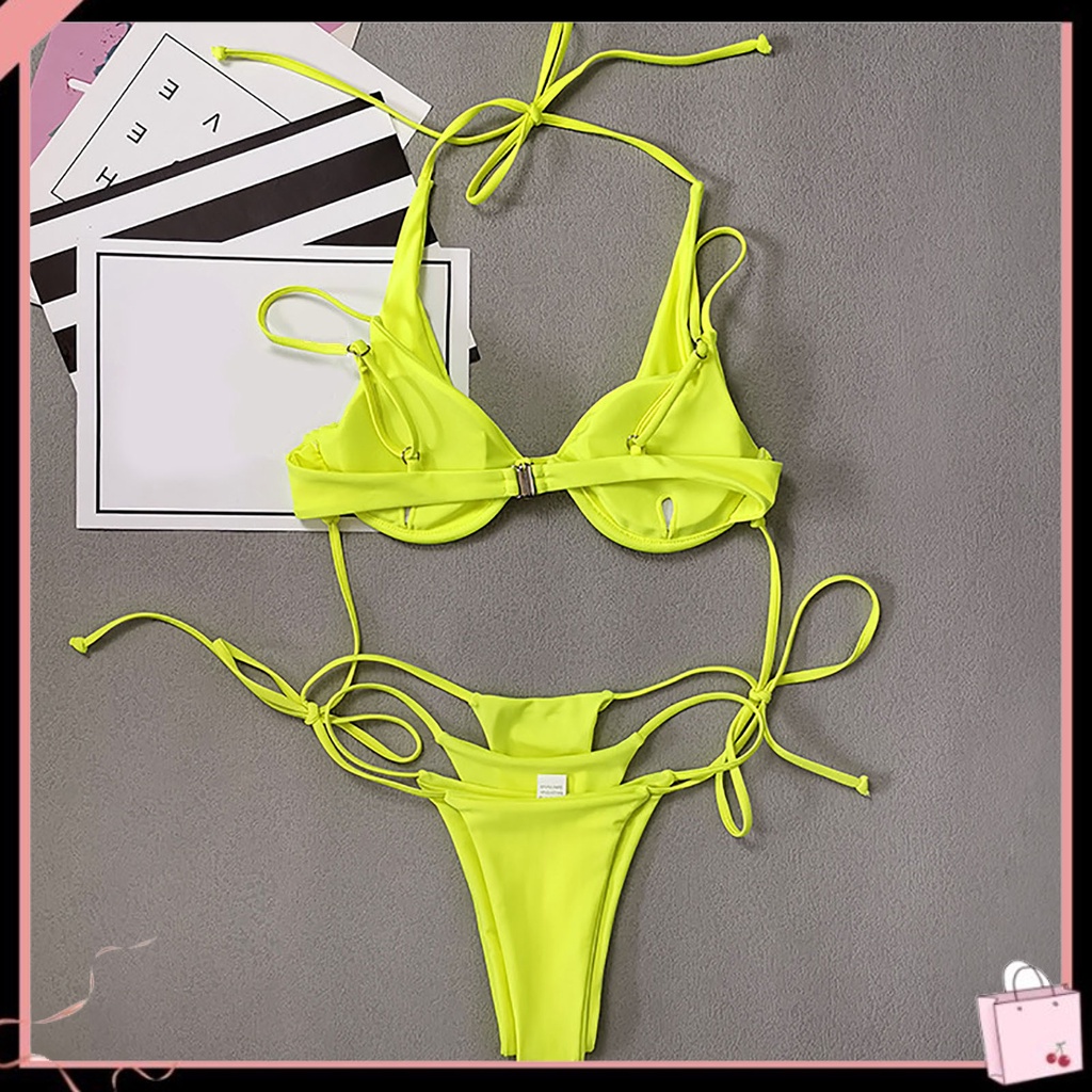 Bộ Bikini 2 Mảnh Lưng Cao Có Đệm Ngực Màu Sắc Huỳnh Quang Gợi Cảm
