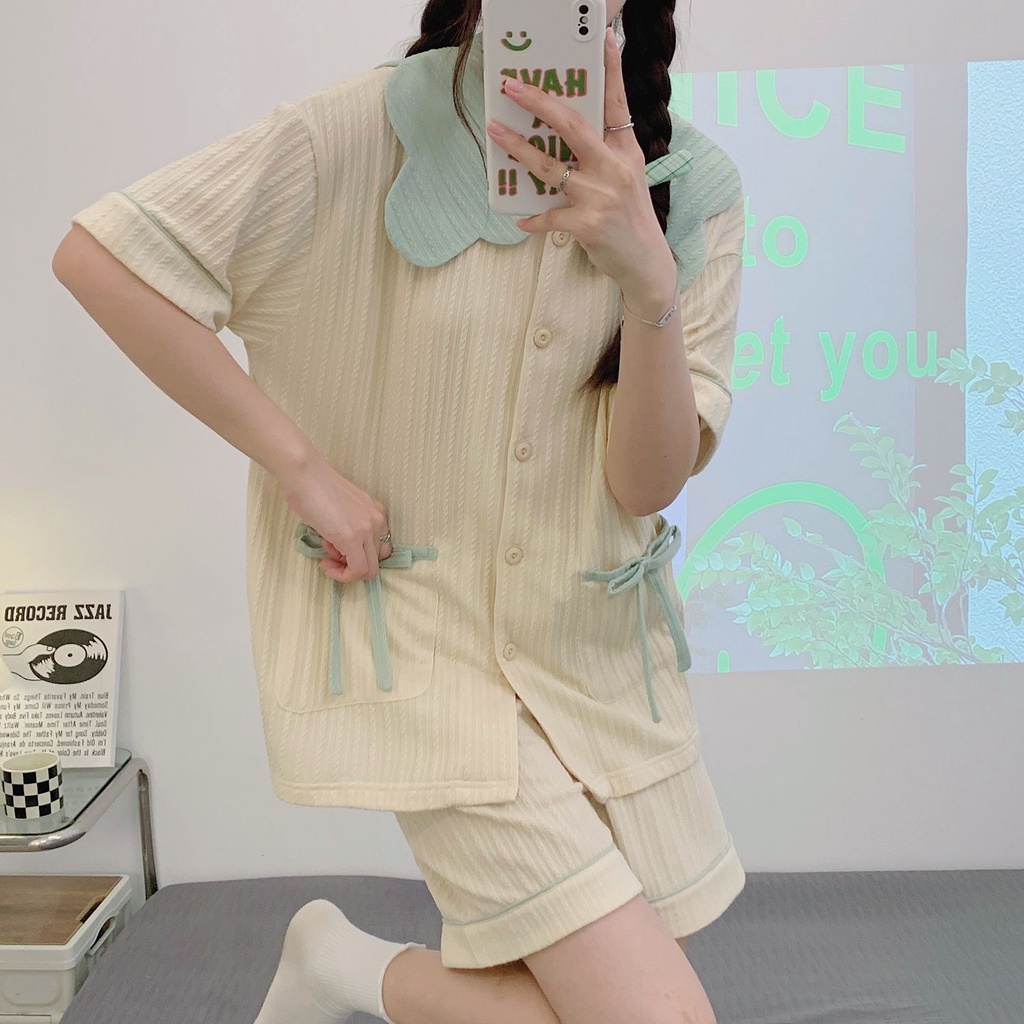Bộ Đồ Ngủ Tay Ngắn Chất Cotton Dáng Rộng Dễ Thương Thời Trang Xuân Thu Cho Nữ