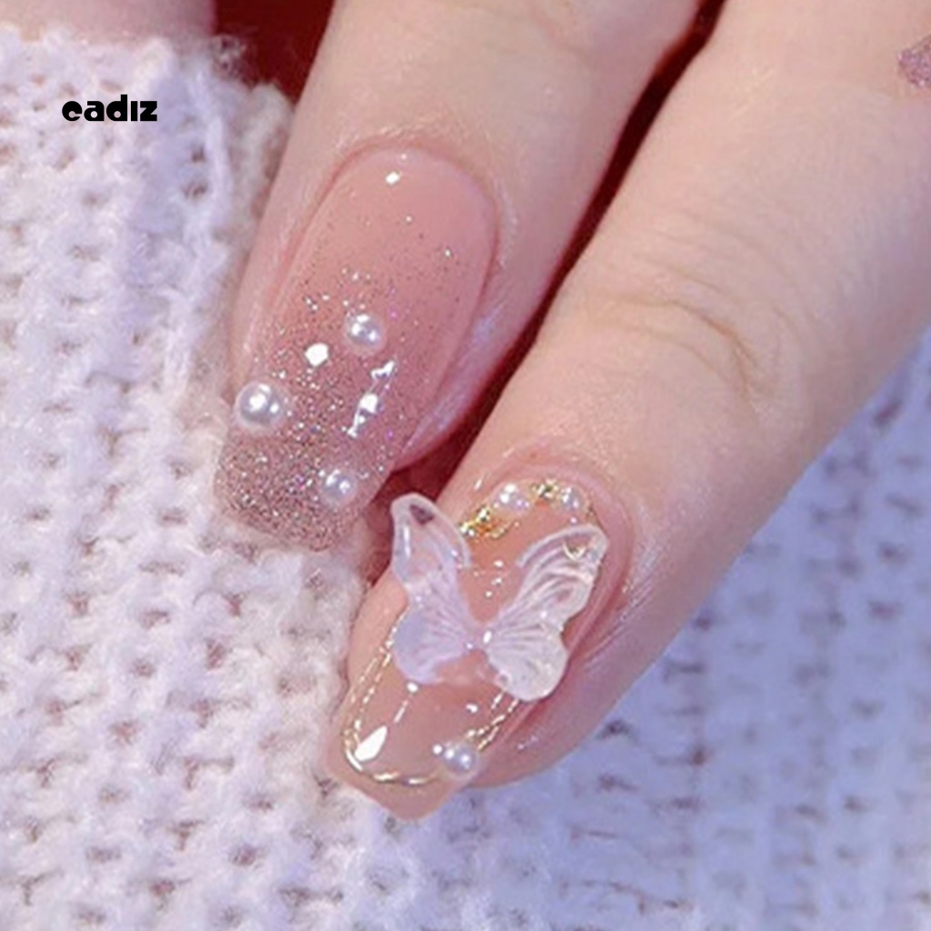 1 Bộ Móng Tay Giả Bằng Nhựa Siêu Mỏng Đính Ngọc Trai Hình Bướm 3D DIY