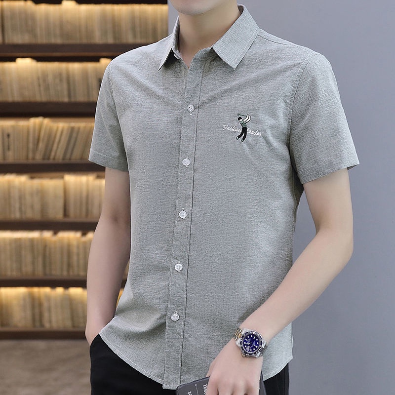 Áo Sơ Mi Tay Ngắn Cổ Vuông Thêu Họa Tiết Phong Cách Hàn Quốc Thời Trang Cho Nam