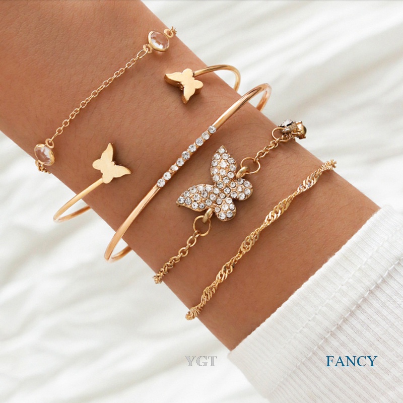 Ygt Set 5 Vòng Tay Hở Họa Tiết Bướm Đính Đá Phong Cách Bohemian Hàn Quốc