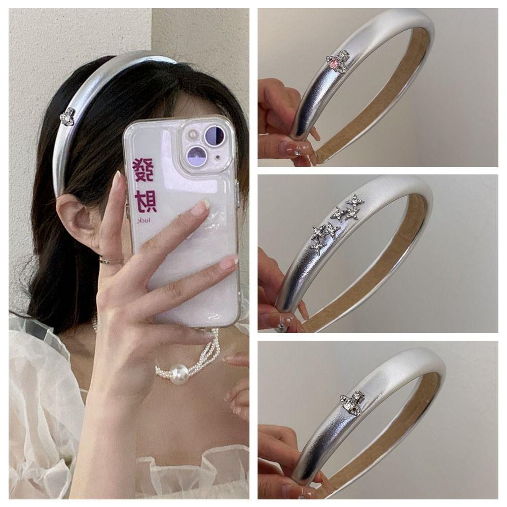 ANEMONE Băng Đô Cài Tóc Bằng Da PU Màu Bạc Họa Tiết Hành Tinh Ngọt Ngào Phong Cách Hàn Quốc Cho Nữ