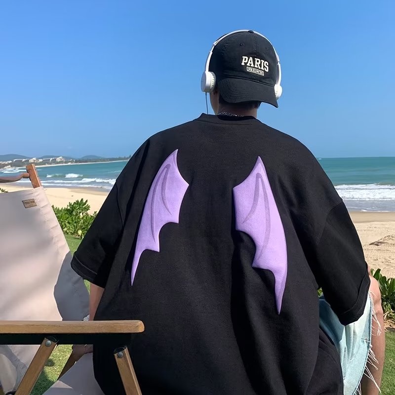 Áo Thun Tay Ngắn Dáng Rộng In Hình Cánh Quỷ Thời Trang Mùa Hè Cho Nam