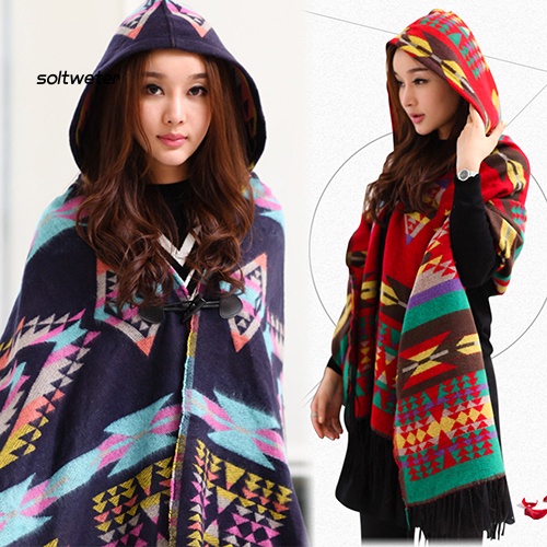 Khăn Choàng Poncho Có Mũ Trùm Đầu Họa Tiết Hình Học Phong Cách Dân Tộc Cho Nữ