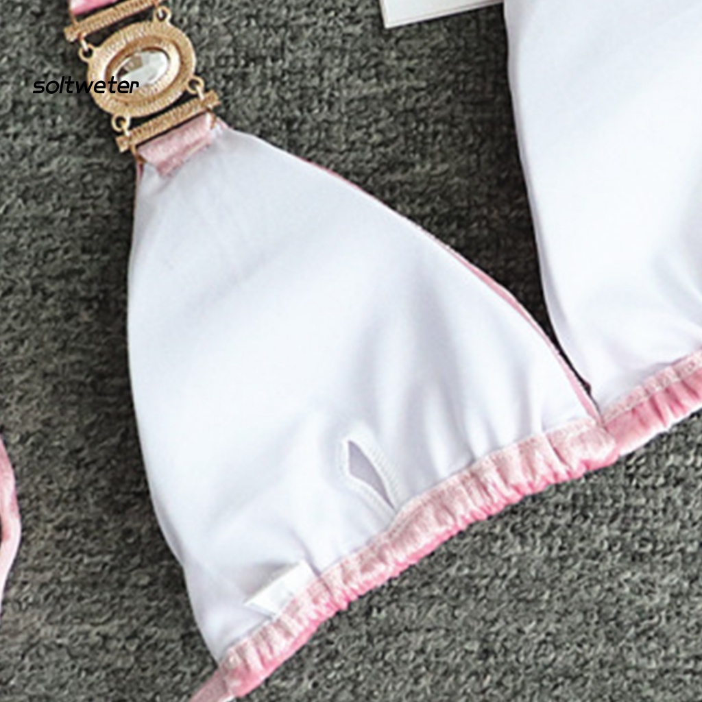 St Bộ Đồ Bơi Tam Giác Lưng Thấp Đính Đá Khóa Kim Loại Trang Trí Gợi Cảm Cho Nữ