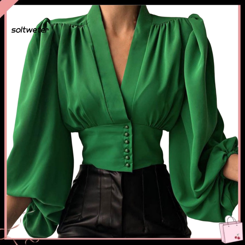 Áo Sơ Mi Croptop Tay Dài Phồng Cổ Chữ V Cài Nút In Họa Tiết Hoa Phong Cách Cổ Điển Thời Trang Cho Nữ