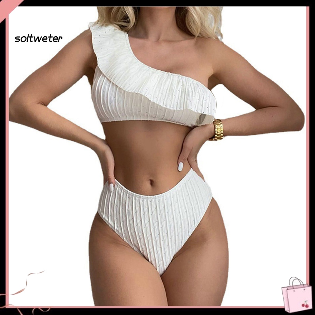 Bộ Đồ Bơi Bikini 2 Mảnh Màu Trơn Lưng Cao Mau Khô Có Mút Đệm Dành Cho Nữ