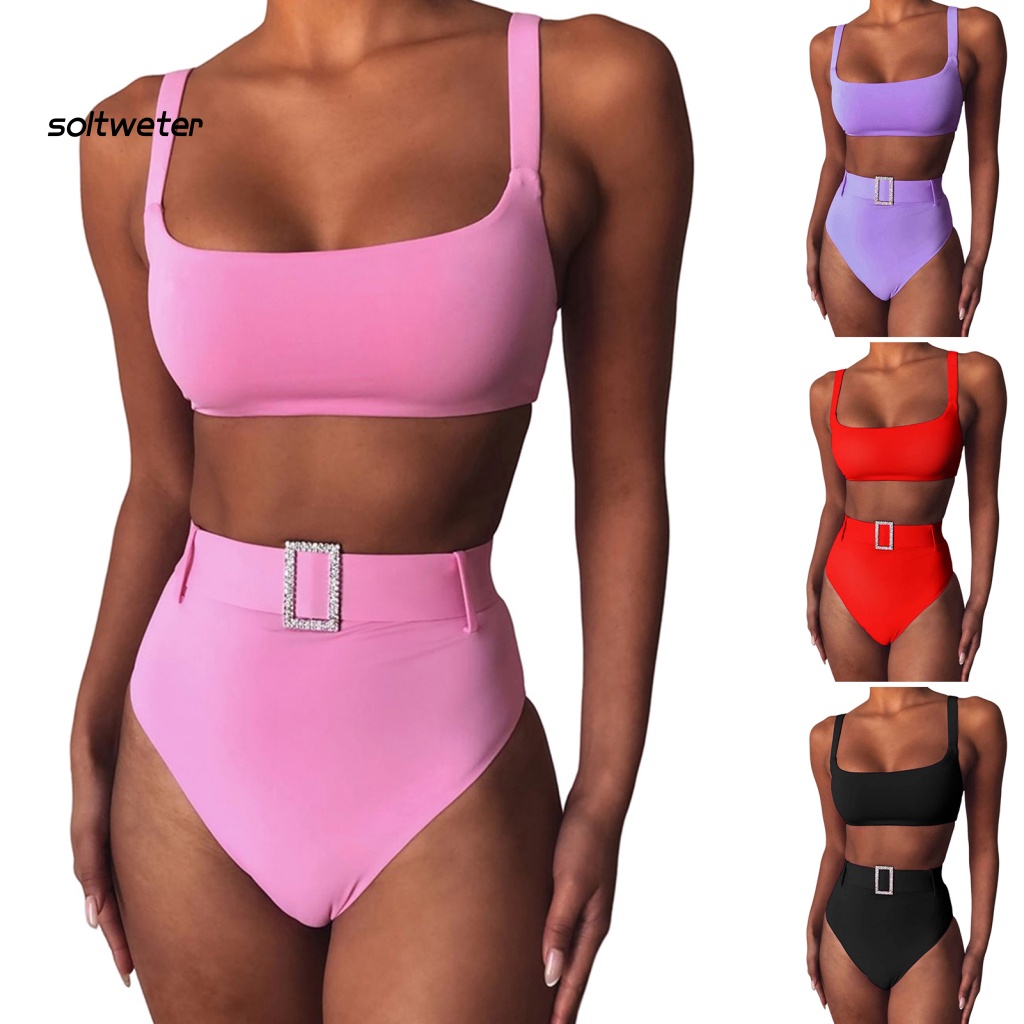 Bộ Đồ Bơi 2 Mảnh Không Tay Lưng Cao Màu Sắc Đơn Giản Cho Nữ