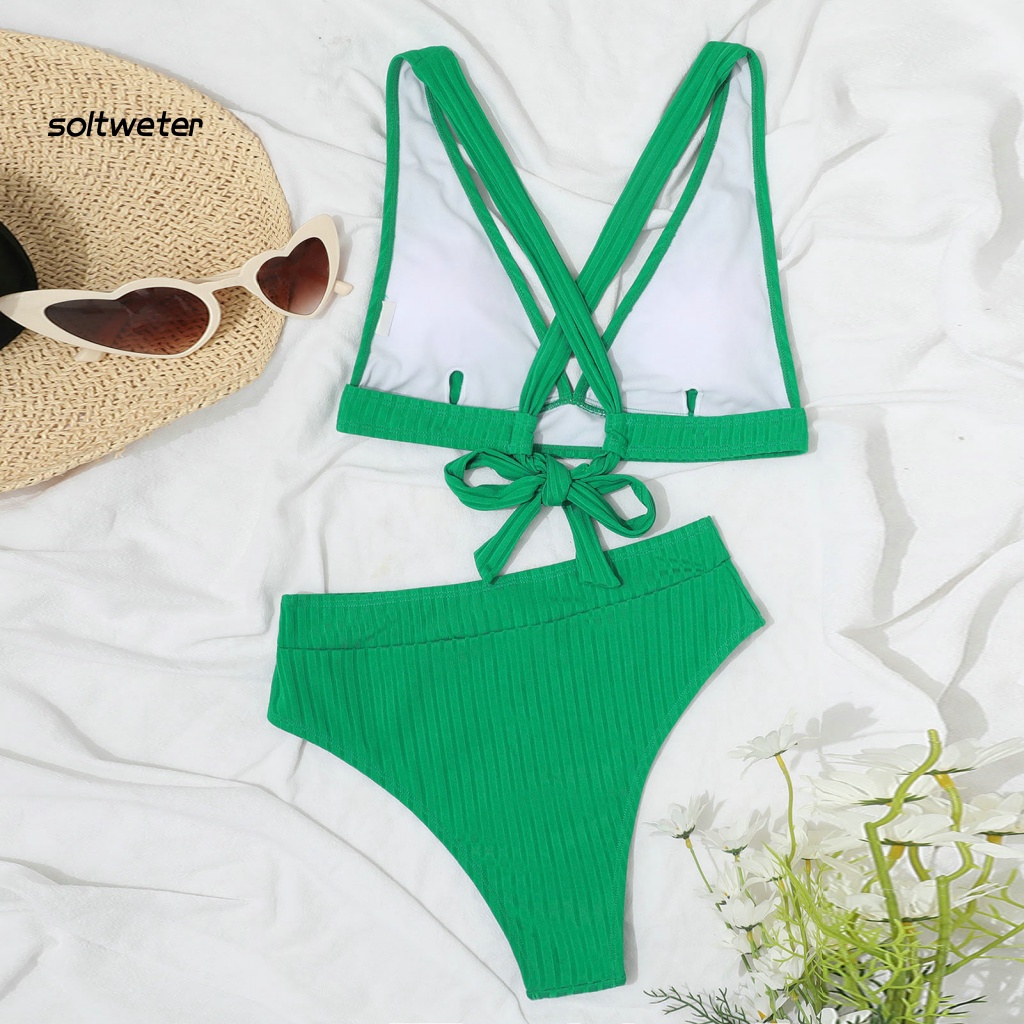 Bộ Bikini 2 Mảnh Màu Trơn Cổ V Sâu Lưng Cao Có Gân Và Quần Lót Gợi Cảm Cho Nữ