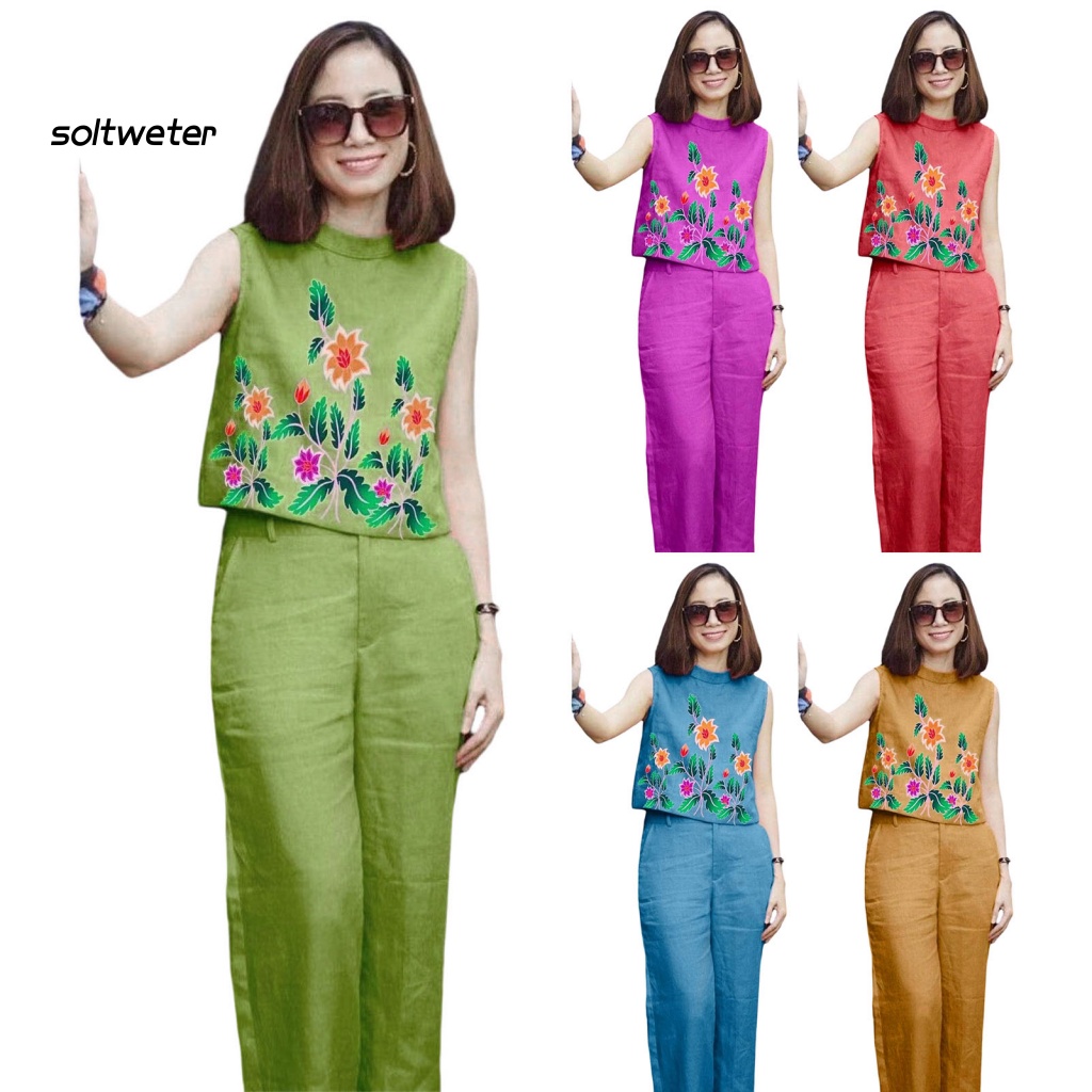 Bộ Trang Phục 2 Mảnh Gồm Áo Không Tay Cổ Tròn Và Quần Dài Lưng Thun In Họa Tiết Hoa Dáng Rộng Thời Trang Cho Nữ