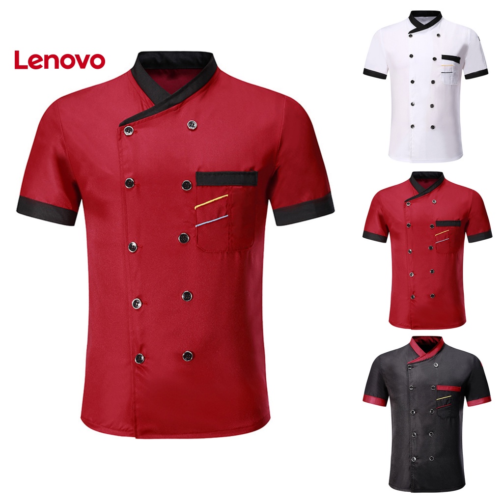 Áo Đầu Bếp Ngắn Tay Cổ Đứng Cài Hai Hàng Nút Họa Tiết Hoa Hướng Dương Phối Túi Cho Nam Nữ