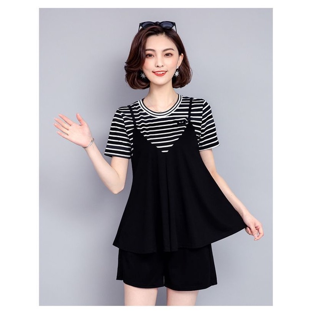 Set Áo Thun Tay Ngắn Kẻ Sọc + Quần Short Size Lớn 40-85KG C11133