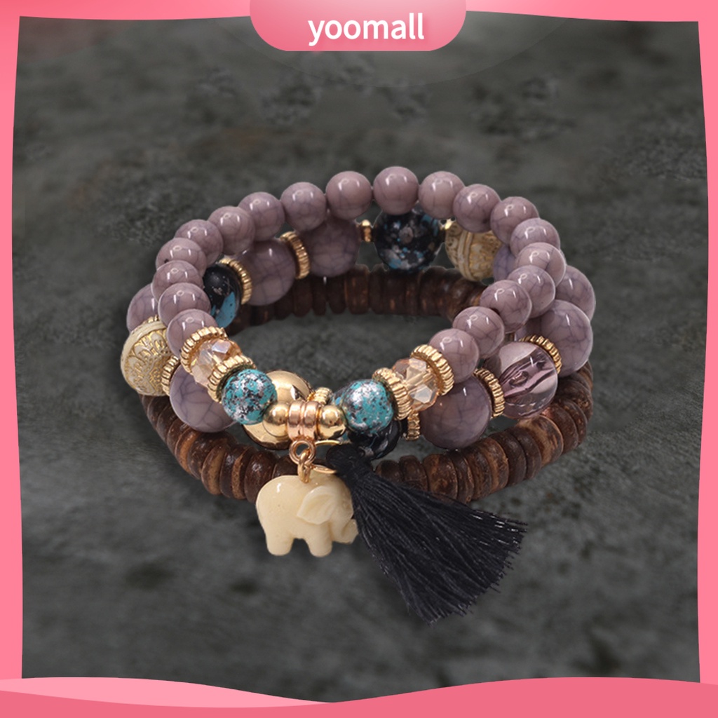 Bộ 3 Vòng Tay Chuỗi Hạt Gỗ Và Tua Rua Thời Trang