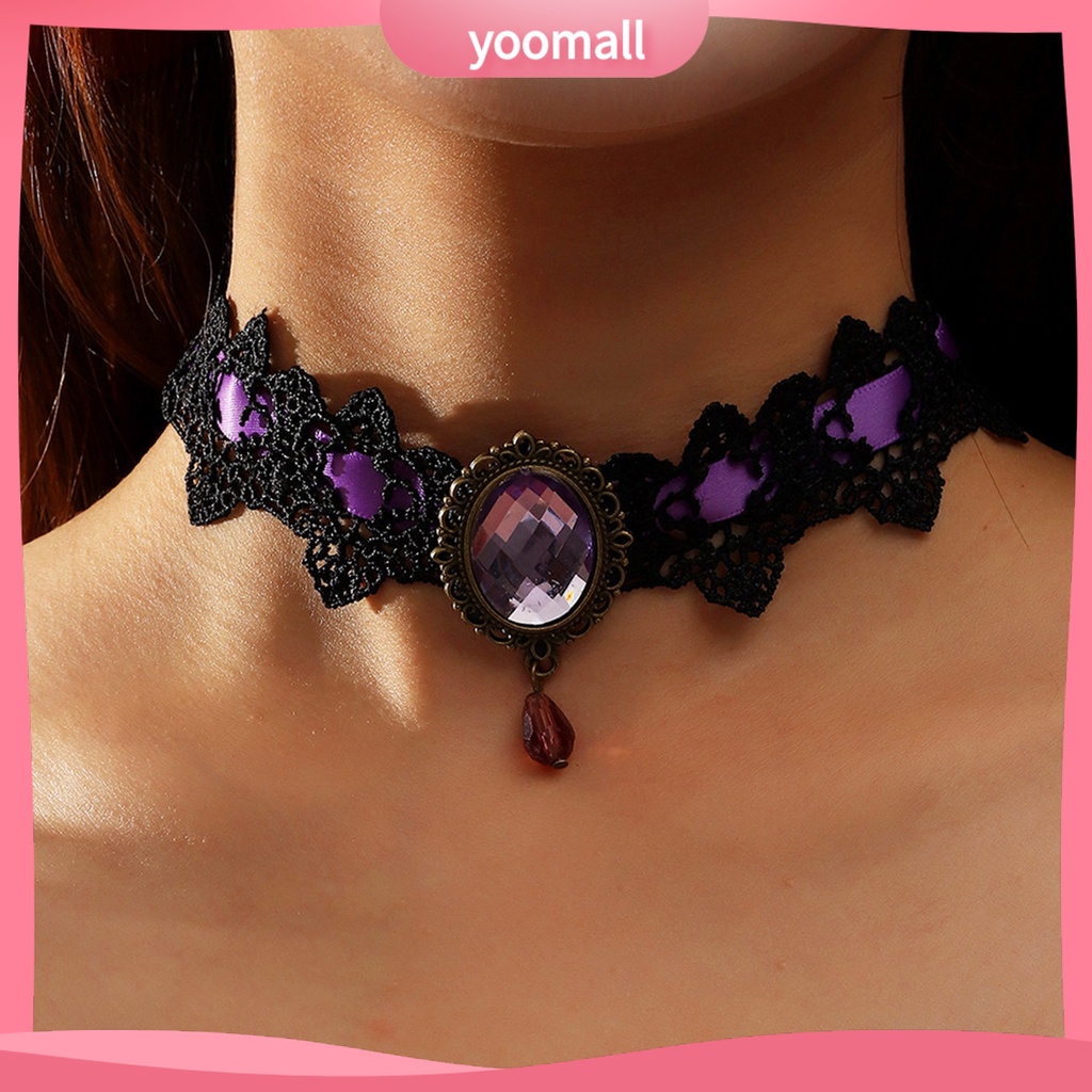 [YM] Vòng Cổ Choker Bện Dây Đính Đá Quý Nhân Tạo Phong Cách Gothic Punk Hợp Thời Trang Làm Quà Tặng Cho Nữ