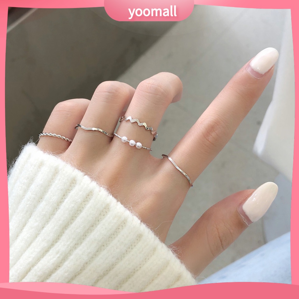Bộ 5 Nhẫn Đính Ngọc Trai Giả Phong Cách Hàn Quốc / Nhật Bản / Nhật Bản Độc Đáo Thời Trang Dự Tiệc Cưới